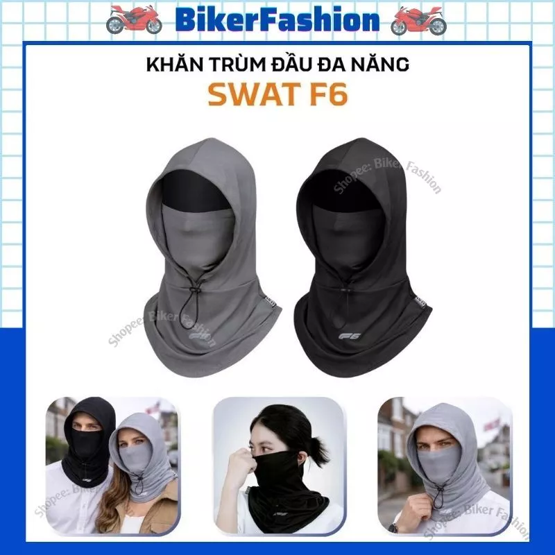 Khăn Trùm Đầu Ninja Swat F6 Dây Rút, Sử Dụng Nhiều Kiểu Đa Năng, Vải Cao Cấp Che Nắng Tốt, Có Xỏ Tai Chống Tuột