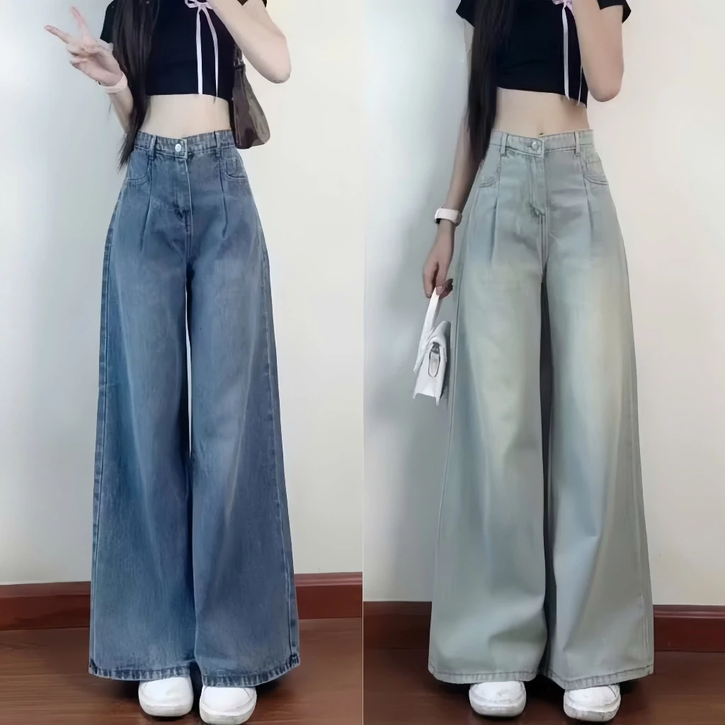 Quần jean nữ Retro ống suông rộng Cạp Cao Hari , quần jeans Xanh Ánh Bạc ống rộng phong cách Vitager Ulzzang Hàn Quốc