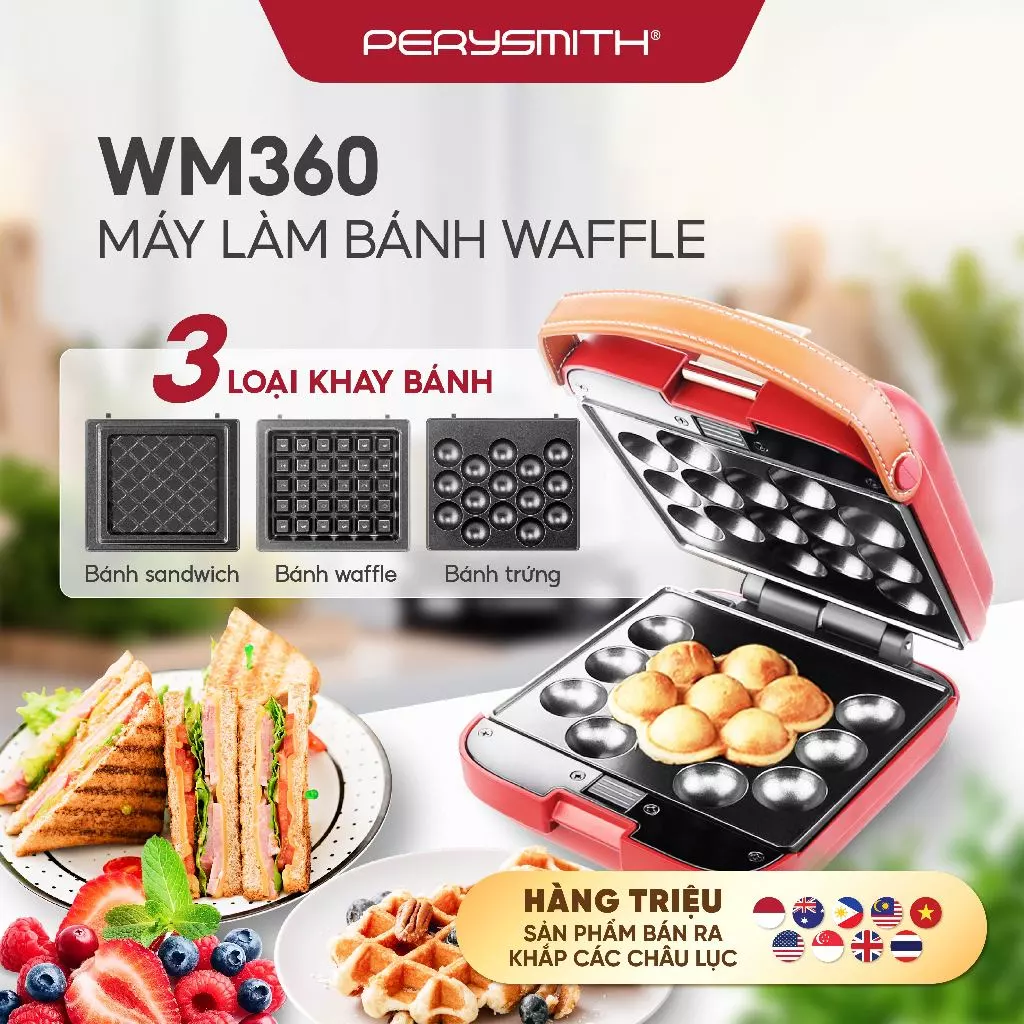 Máy Làm Bánh Waffle Mini PerySmith WM360, Nướng Sandwich Tại Nhà, Du Lịch, Cắm Trại