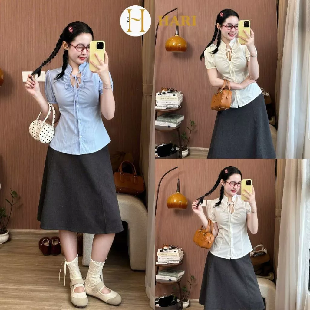 Áo Sơ Mi Nữ Cổ Nơ Tiểu Thư Hari Tay Phồng Thanh Lịch Dáng Ôm Tôn Dáng Phong Cách Hàn Quốc SM0158