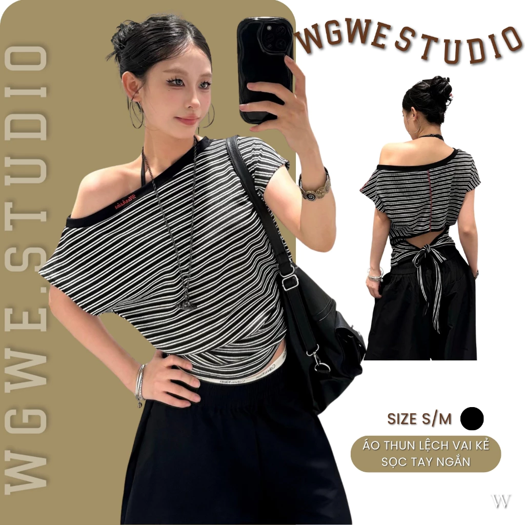 WGWE Áo Thun Lệch Vai Nữ 8627 Kẻ Sọc – Áo Phông Oversize Dáng Rộng Trẻ Trung Dễ Phối