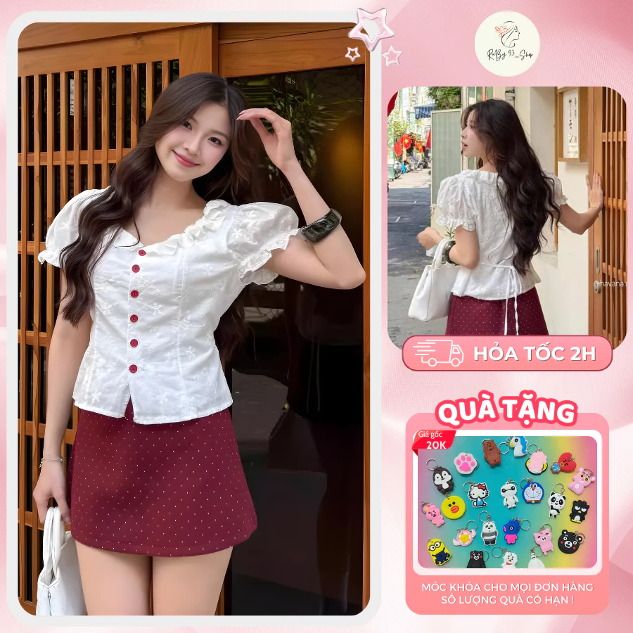 Áo kiểu nữ top cổ bèo phối cúc đỏ có dây buộc eo phong cách tiểu thư bánh bèo