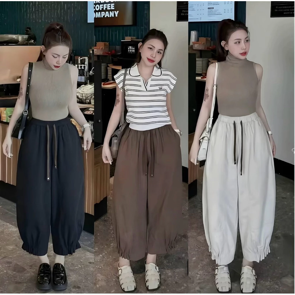 (Có Nấm lùn-Chất kaki Nhật)-Quần kaki bo gấu bèo dáng BOM rộng cạp chun, quần baggy ống rộng dễ phối đồ