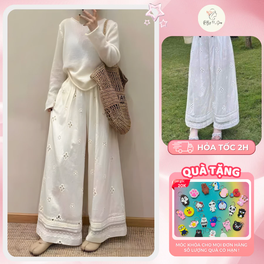 Quần ren hoa thêu ống rộng dáng suông 2 lớp dày dặn