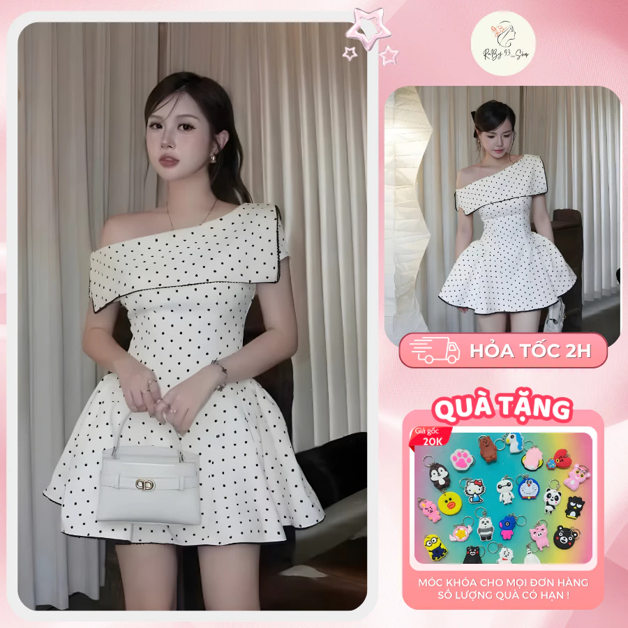 Váy chấm bi trễ lệch vai chiết eo tùng xèo phối ren sang chảnh siêu hot
