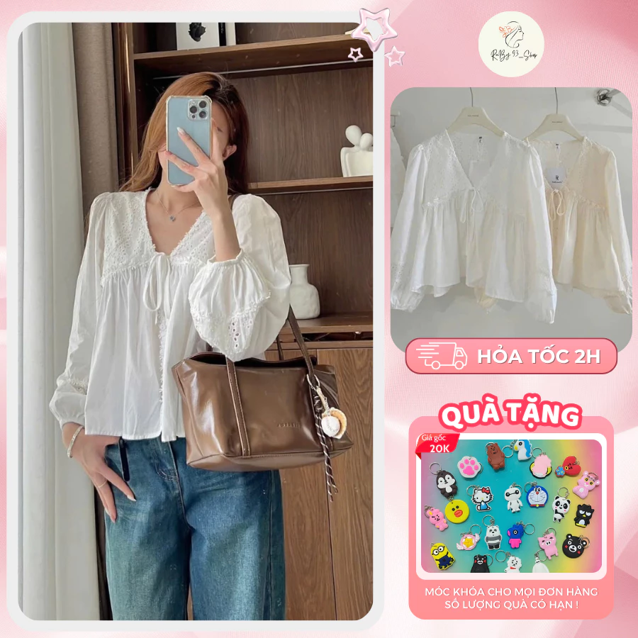 Áo babydoll tay dài thô hoa phối cổ V viền ren siêu xinh cách điệu