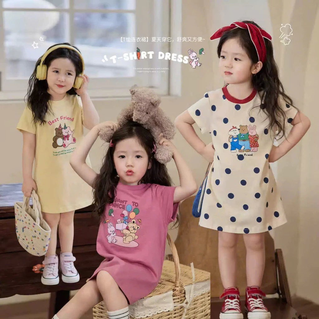 [Hàng Mới] Váy bé gái cộc tay cotton dáng xuông xinh xắn dễ mặc cho bé gái diện đi chơi đi học mùa hè (
