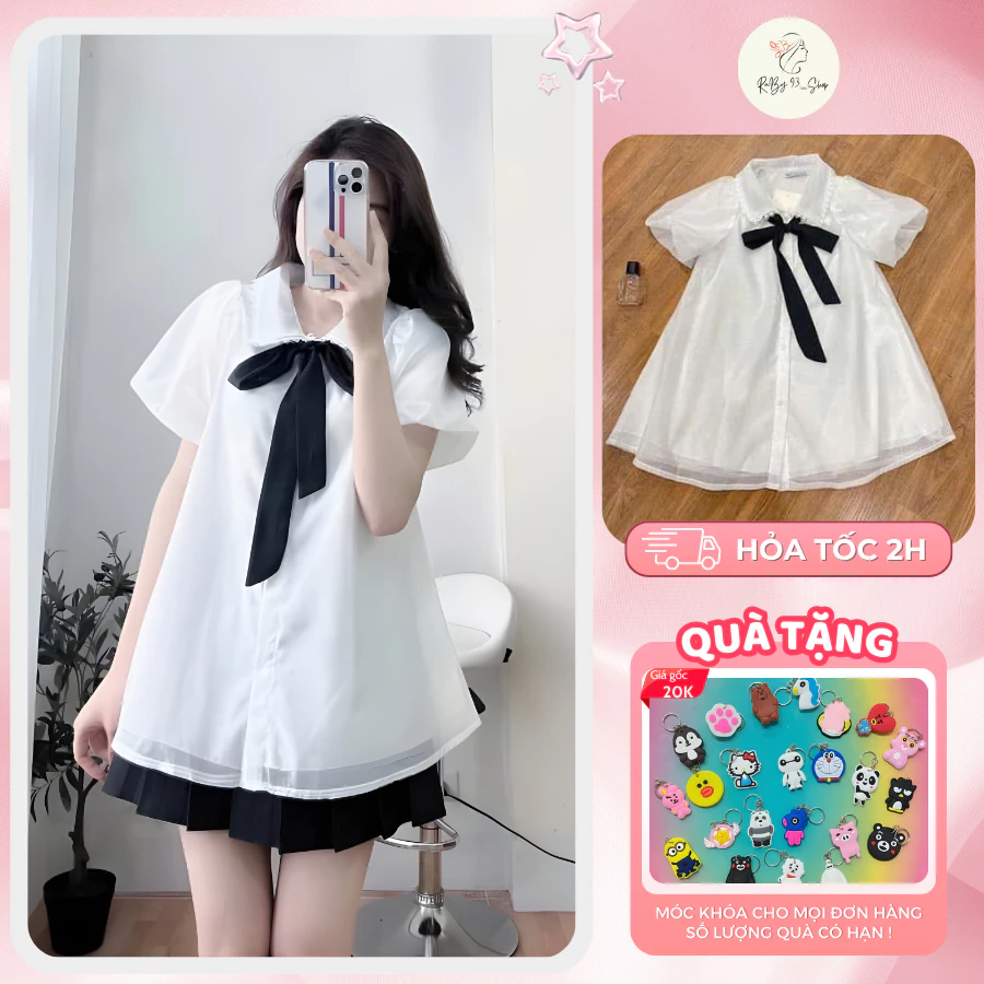 Áo sơ mi cổ ren kèm nơ - Áo babydoll tơ 2 lớp cổ viền ren kèm nơ