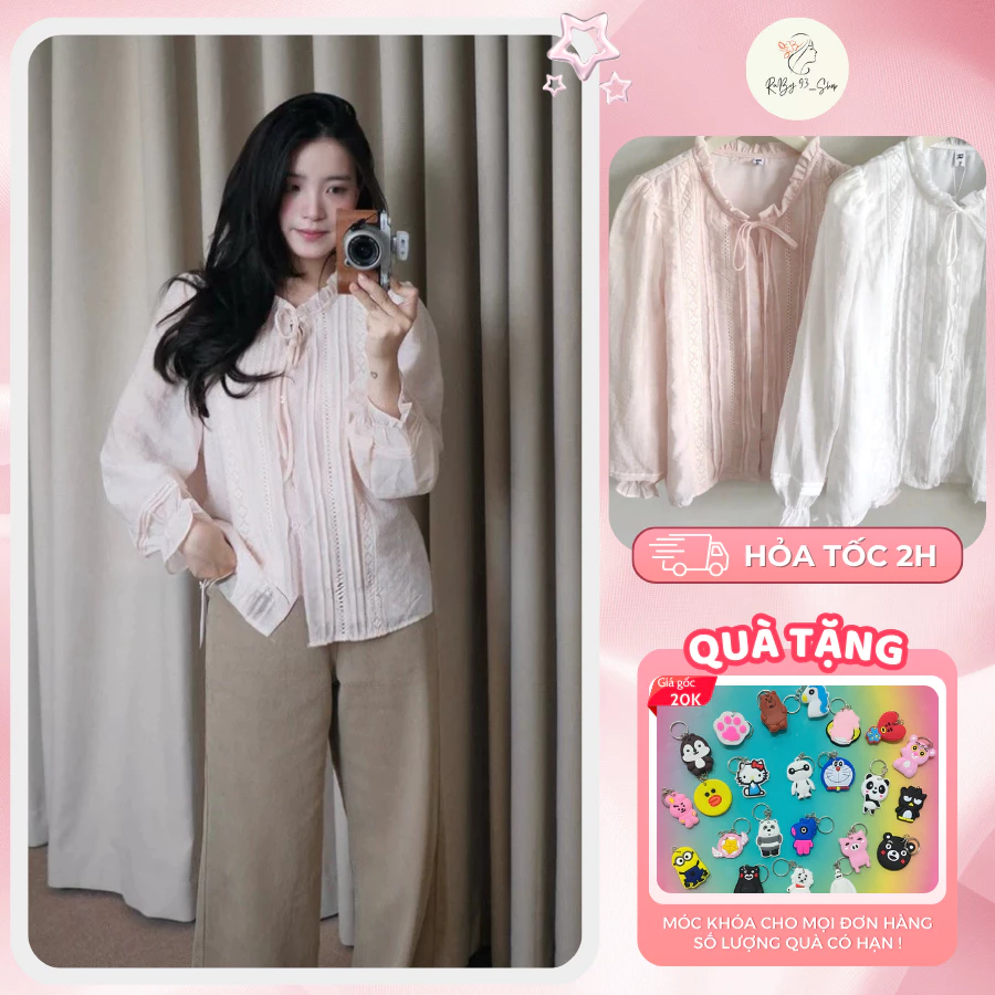 Áo babydoll sơ mi vải tơ mềm 2 lớp chất liệu mềm mại phối tay bo phong cách tiểu thư bánh bèo