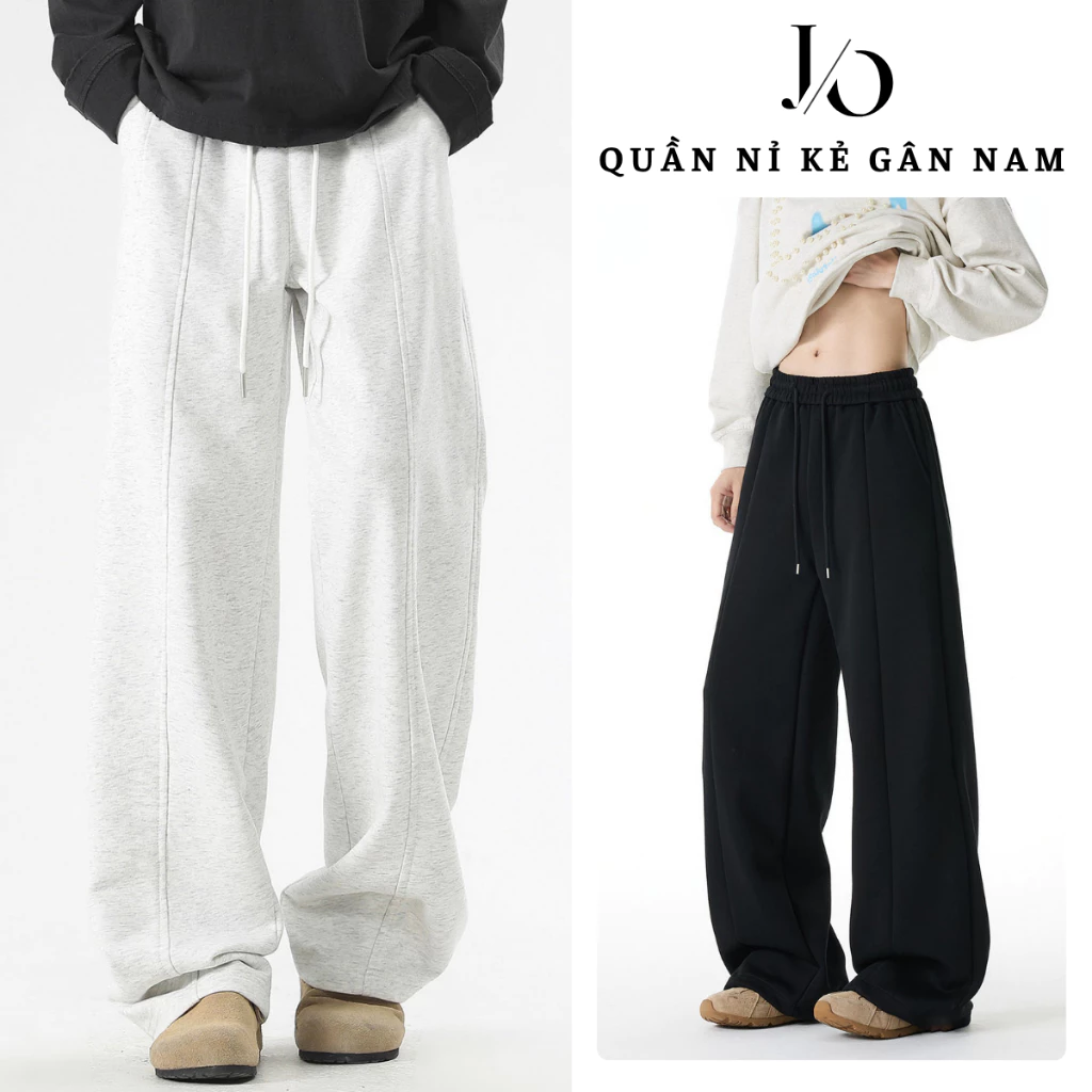 Quần Nỉ Kẻ Gân Nam Nữ Suông Ống Rộng Cạp Chun Dây Rút Chất Nỉ 2Da Xám Đen Form Suông Rộng Dáng Dài
