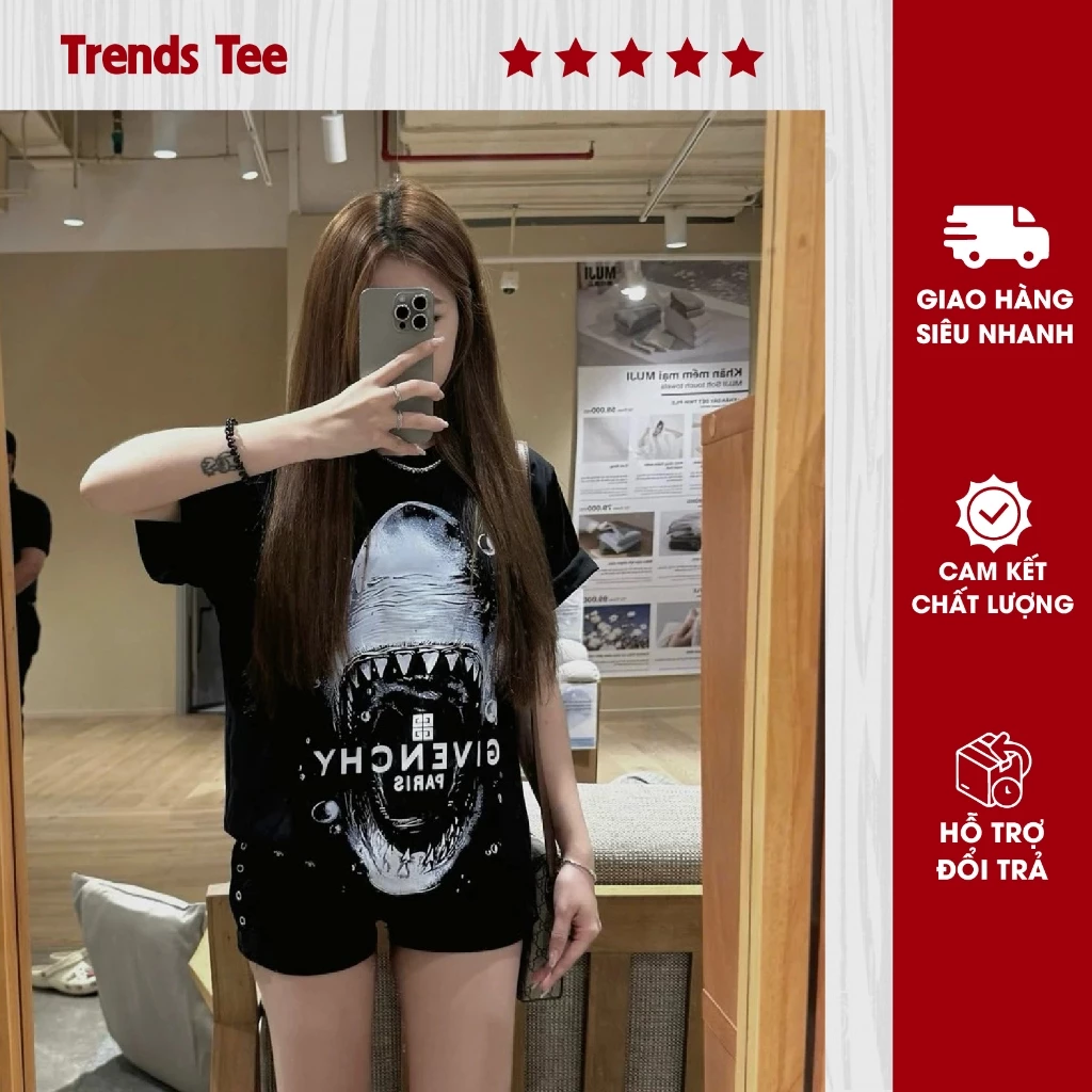 Áo Thun Nam Nữ Cotton 100% Cao Cấp 250Gsm In Hình Cá Mập Gì Ven Form Dày Dặn Co Giãn 2 Chiều