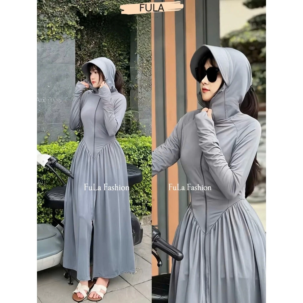 Áo Khoác Chống Nắng Nữ Toàn Thân Dáng Váy 2 Lớp Vải Thun Lạnh, Chống Gió Cản Bụi ,Chống Tia Cực Tím UPF 50+