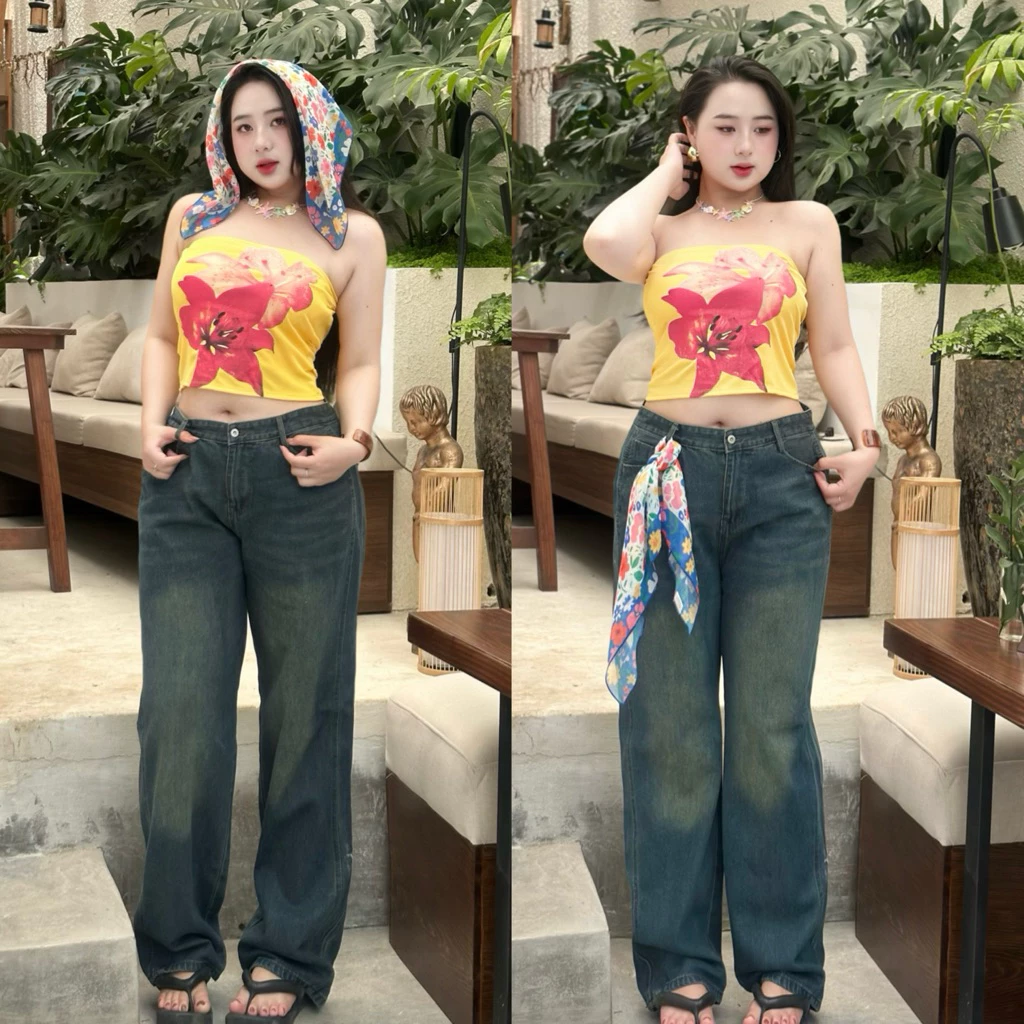 Quần Jean Nữ Suông Ống Rộng Xanh Đậm Mài Thời Trang BigSize 55-90kg Denim 0100 quần bò nữ ống rộng