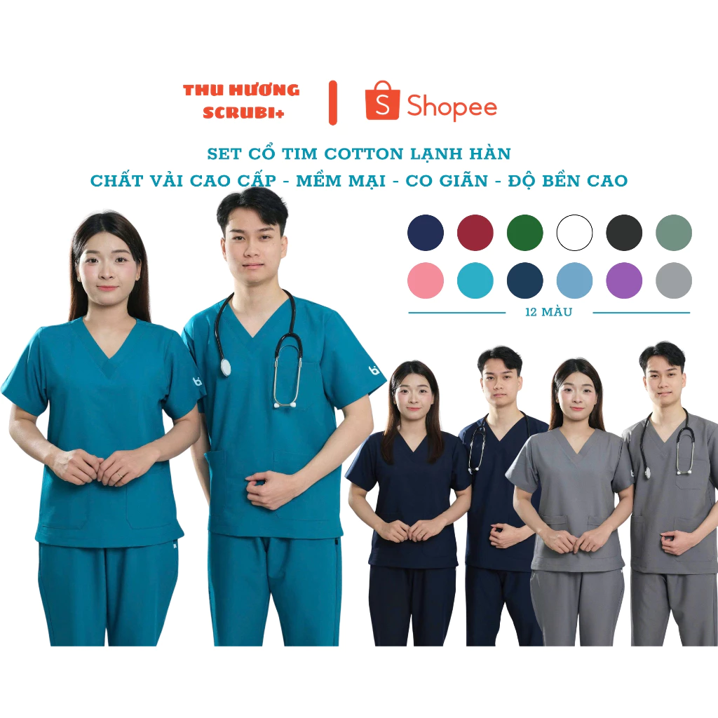 Đồng phục Spa nhiều màu vải Cotton Lạnh Hàn, scrubs bác sĩ chính hãng SCRUBi+, quần áo phẫu thuật, Điều dưỡng hàng đẹp