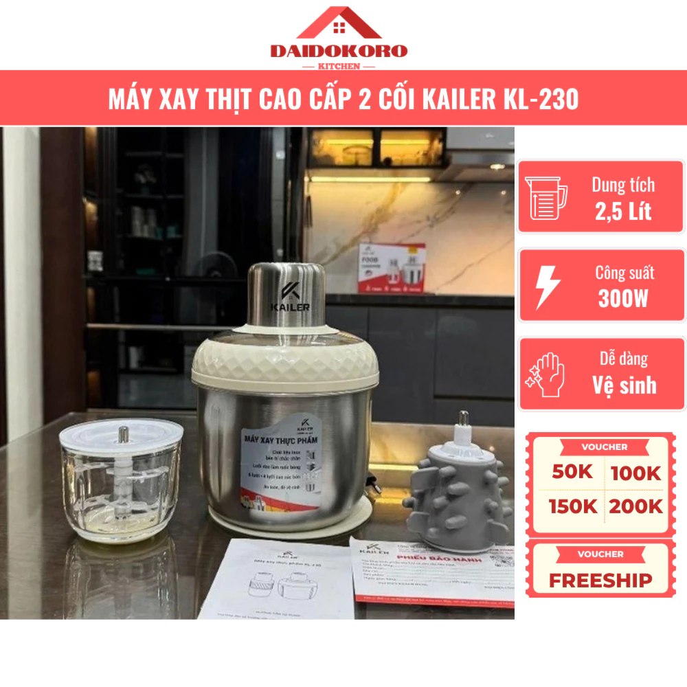 Máy Xay Thịt 2 Cối Cao Cấp Kailer KL-230, Xay Đa Năng, Inox 304 Cap Cấp, Kèm Lõi Đánh Ruốc Bông
