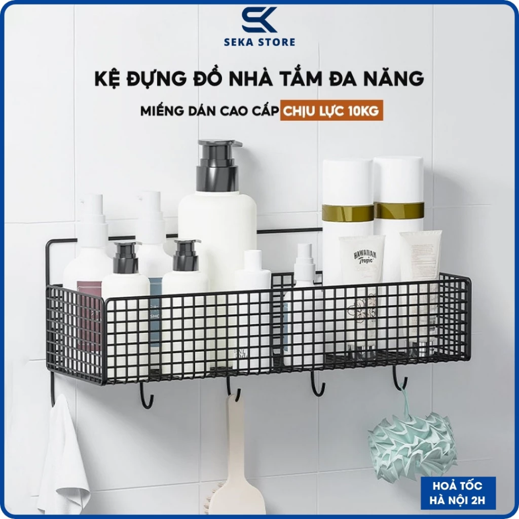Kệ Đựng Đồ Nhà Tắm Dán Tường Kèm 5 Móc Treo Đồ, Giá Để Đồ Nhà Tắm Gia Vị Chịu Tải Lên Tới 10KG