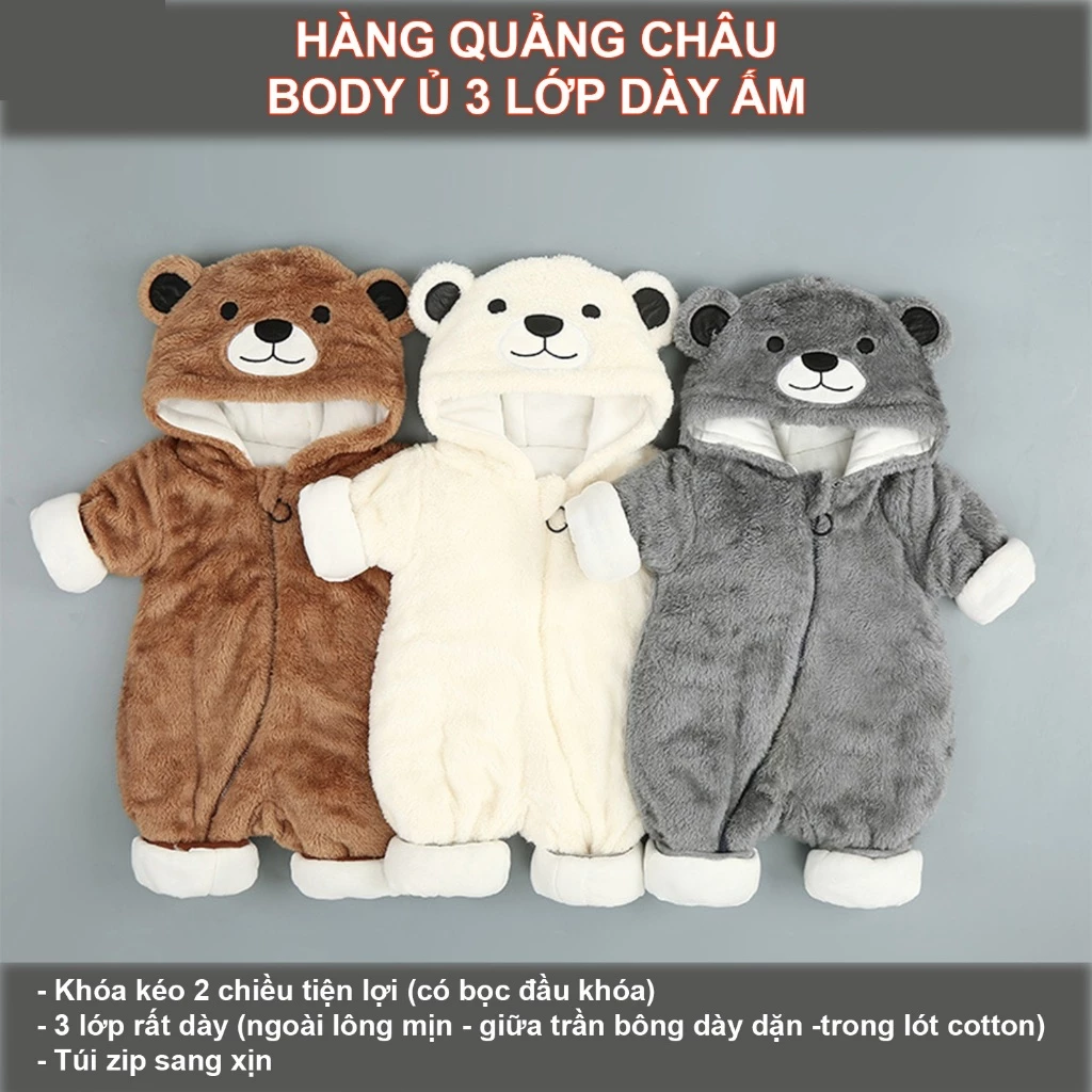 Body ủ ấm nỉ bông 3 lớp khóa kéo 2 chiều cho bé 0-12 tháng Bodysuit mùa đông cho trẻ sơ sinh  SLD02