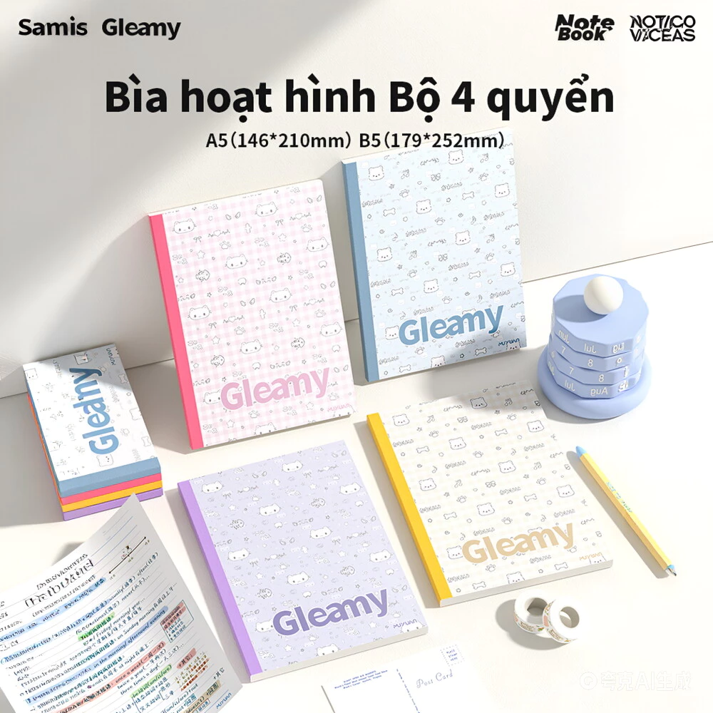 COMBO 4 Tập Vở học sinh, sinh viên A5/B5 GLEAMY kẻ ngang caro 80 trang giấy Ford cao cấp phong cách coquette
