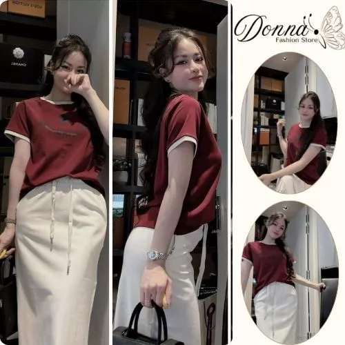 Set đồ nữ Dona HCOM25286, áo thun cộc thay cổ tròn mix chân váy dài body cạp chun