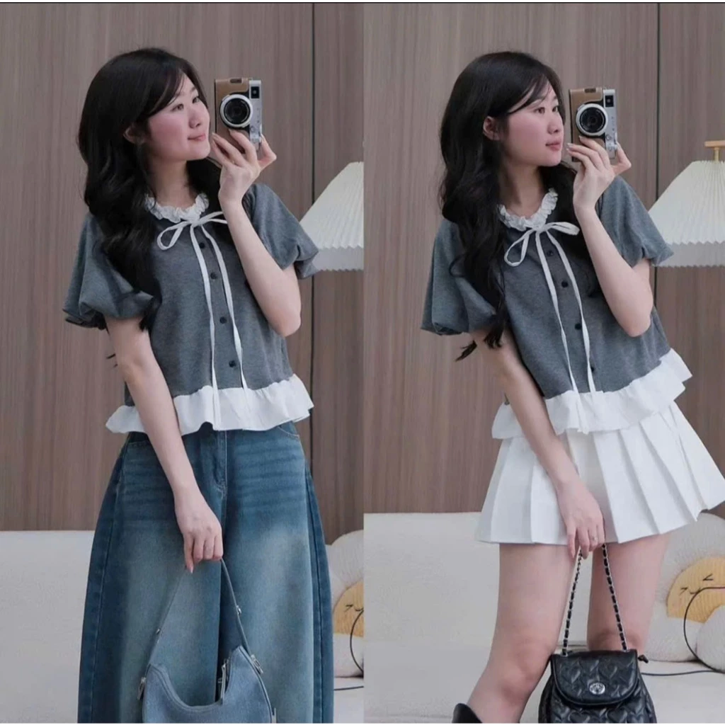 Áo  sơ mi cộc tay nữ ,áo kiểu phối cổ bèo nơ buộc tay bồng cúc dọc kiểu dáng tiểu thư phong cách Hàn