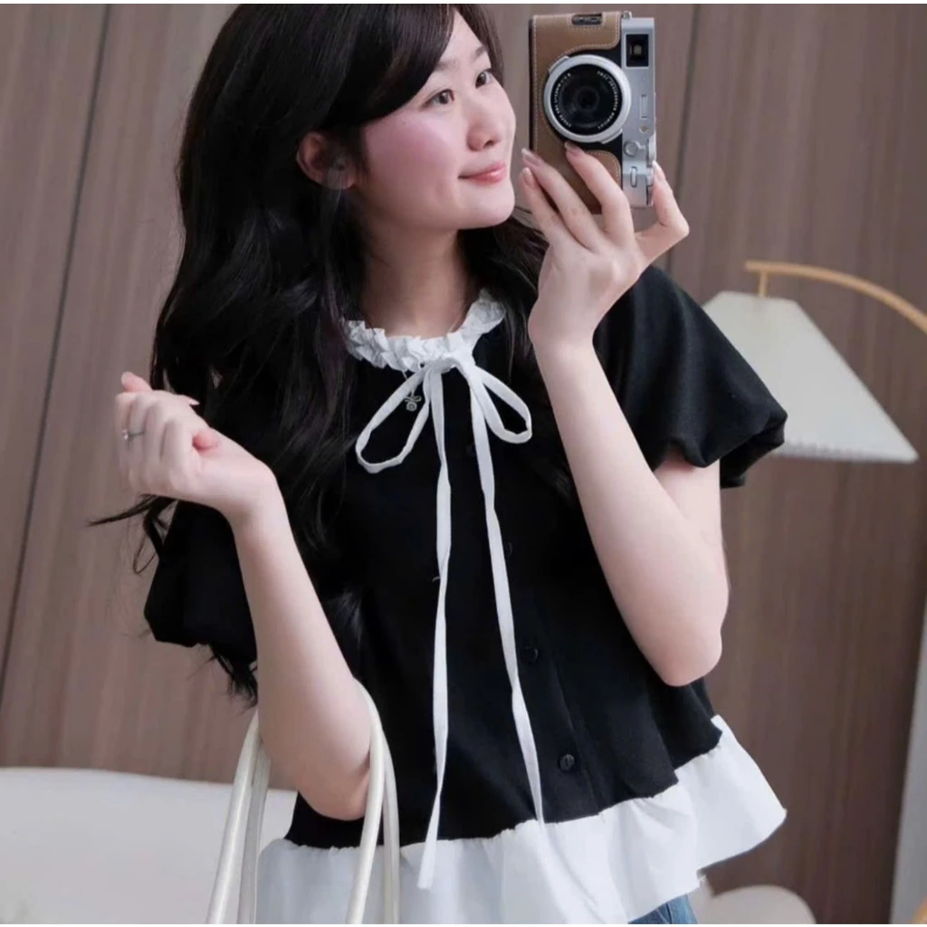 Áo sơ mi cổ phối ren kèm nơ xinh xắn, Áo kiểu bèo gấu cúc dọc tay bồng ngắn tay dễ thương thời trang hè