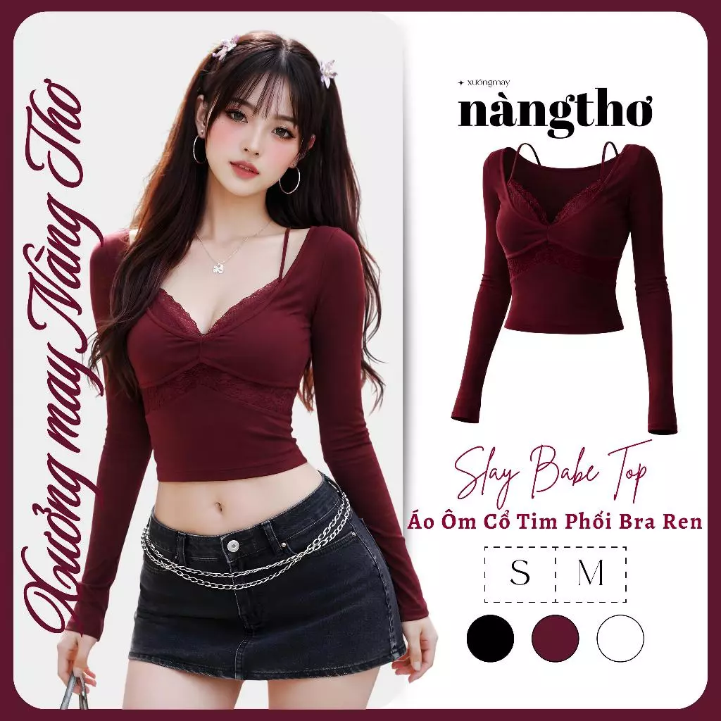 396 Slay Babe Top-Áo Tay Dài Ôm Body Cổ Tim Phối Bra Ren Y2K Chất Thun Cotton Mịn