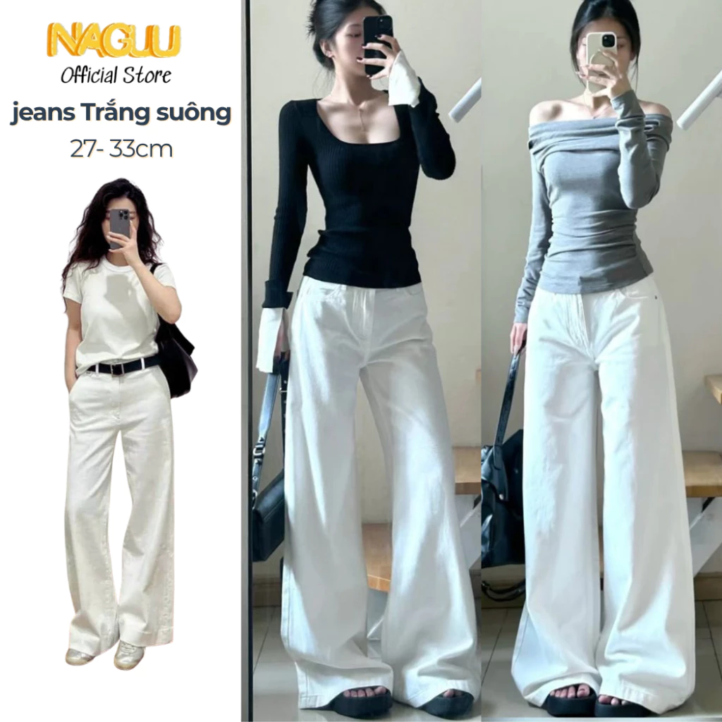 [MỞ BÁN]Quần Jean Trắng Nữ Cạp Cao Ống Suông Rộng 28cm NAGUU Chất Jeans Mềm, Quần Bò Trắng Ống Rộng