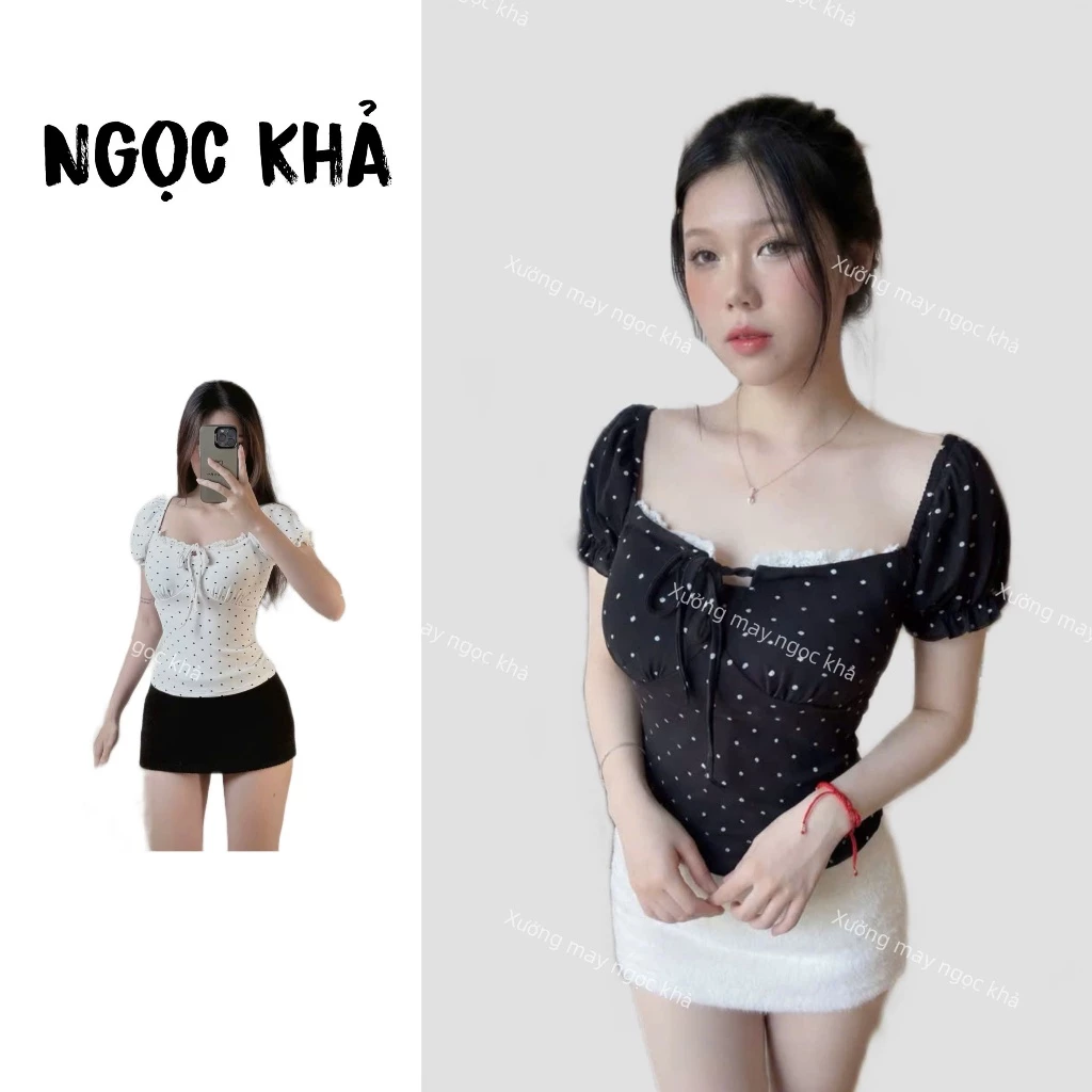 Áo thun nữ cổ vuông thắt nơ bo viền ngực tôn V1 tay phồng xinh xắn vải cotton mềm mịn