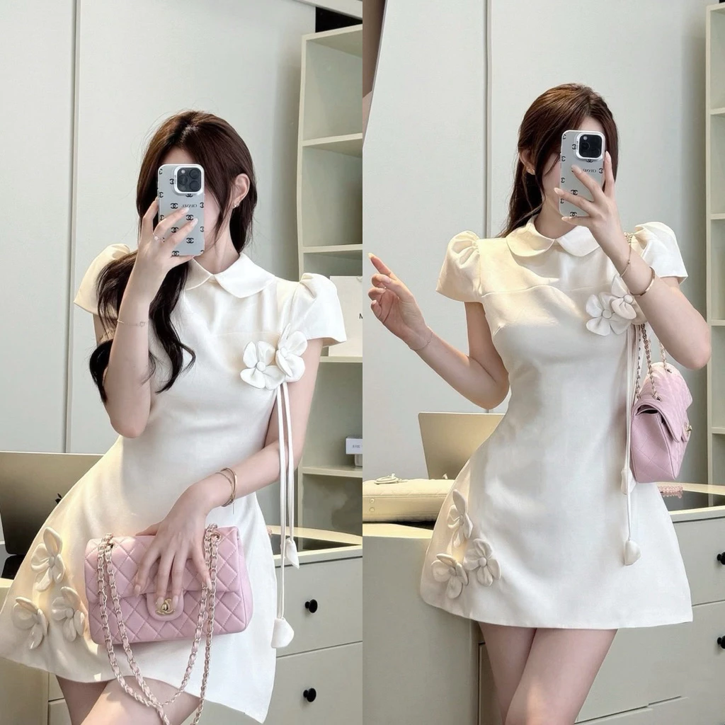Váy Trắng Cổ Sen Đính Hoa Form A Tôn Dáng (Hàng Sẵn Ship Hoả Tốc Đà Nẵng) Đầm Form A Sang Chảnh