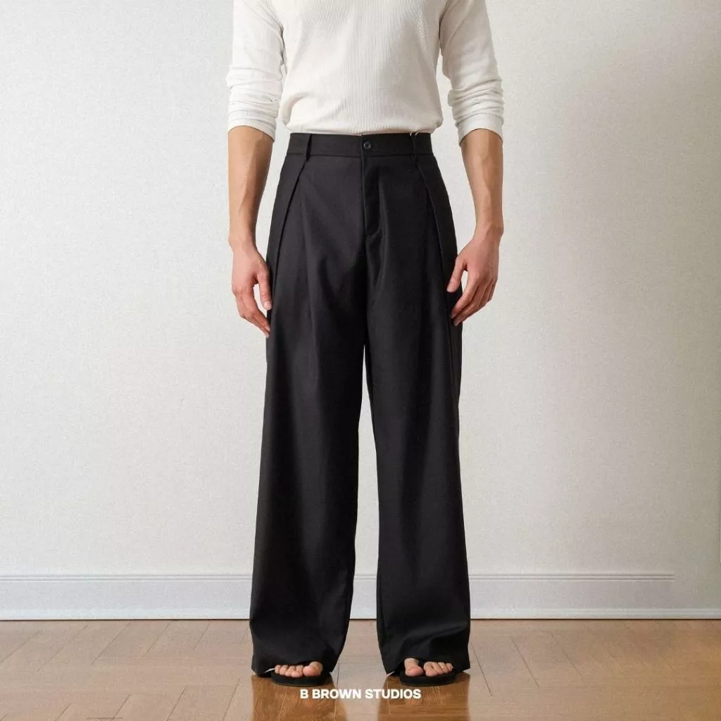 Quần Âu Nam B Brown Vải Dạ Li Vát Chéo Cạp Chun Ống Rộng Phủ Giày - Double Pleated Trousers