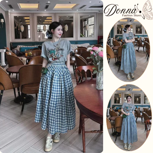 Set đồ nữ, đồ bộ nữ DONNA HCOM25852 áo phông form rộng mix chân váy kẻ caro dáng xoè trẻ trung năng động