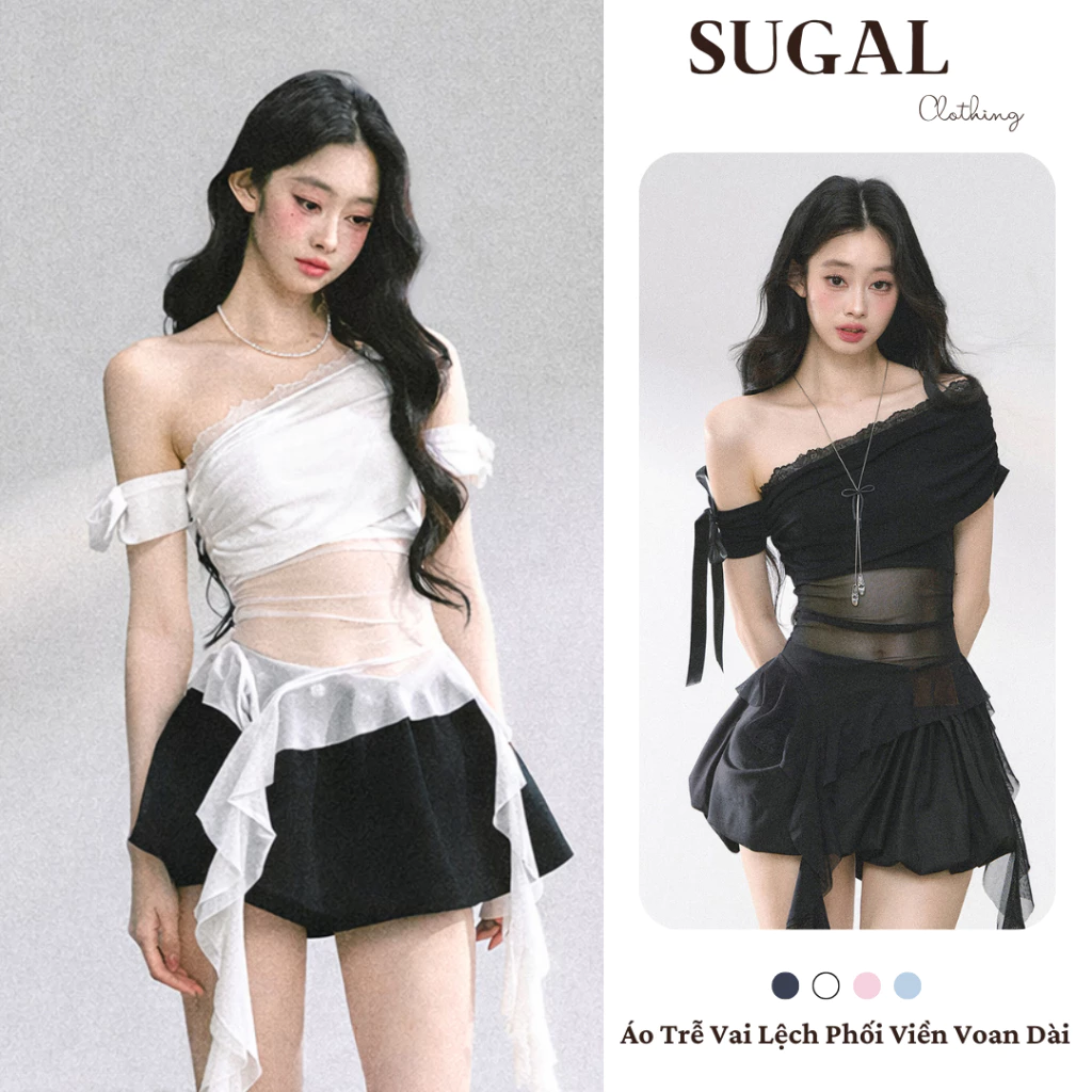 SUGAL - Áo Kiểu Trễ Vai Nữ Phối Viền Bèo Dài - Áo Trễ Lệch Vai Tiểu Thư Hàn Quốc - Phù Hợp Mùa Hè Du Lịch | TOP 293V1