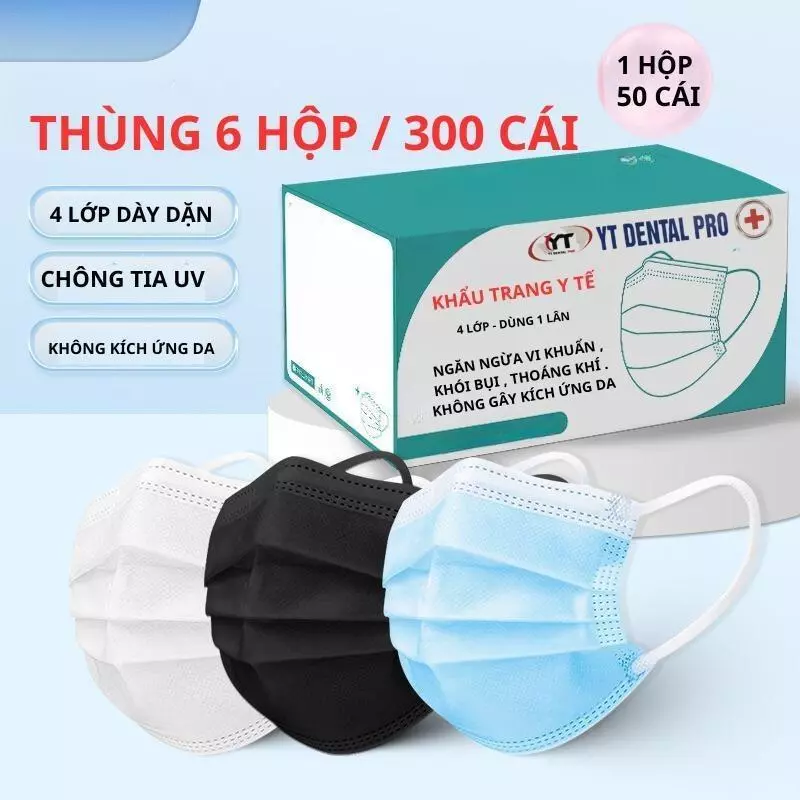 Thùng 300 chiếc ( 6 hộp ) khẩu trang Y TẾ 4 lớp NGƯỜI LỚN DENTAL MASK chính hãng 4 lớp dày dặn chống bụi và tia UV