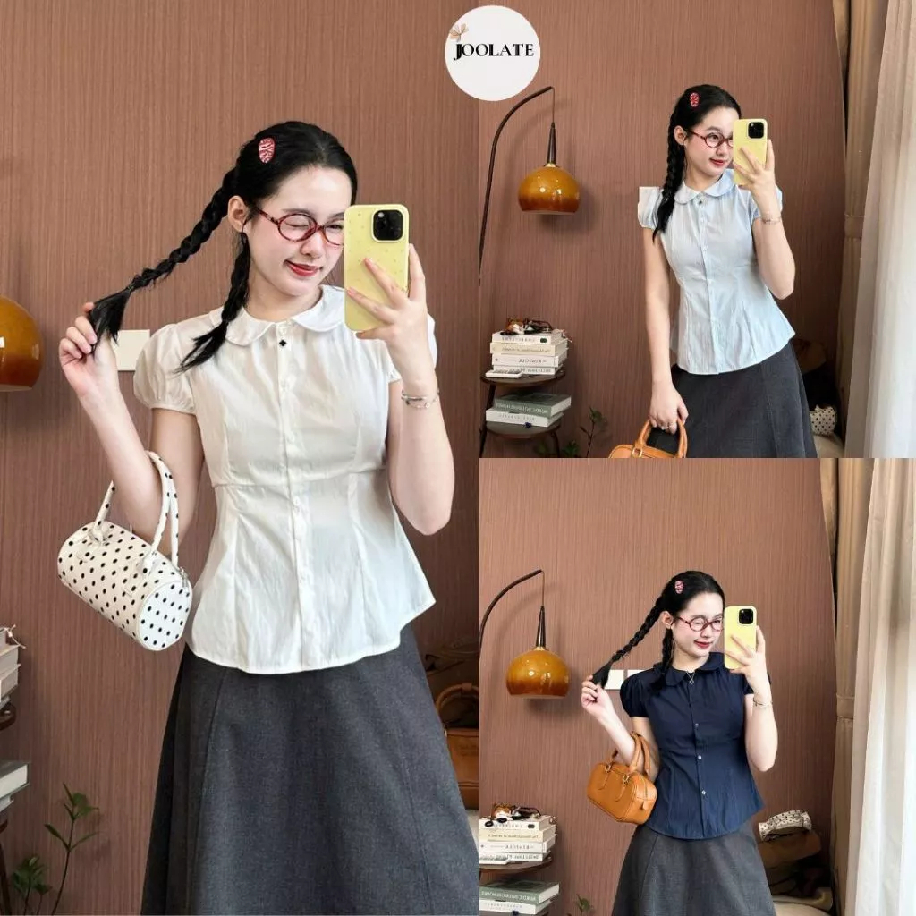 Áo sơ mi nữ cổ Peter Pan dáng ôm eo tay phồng tiểu thư Hàn Quốc Joolate SM250