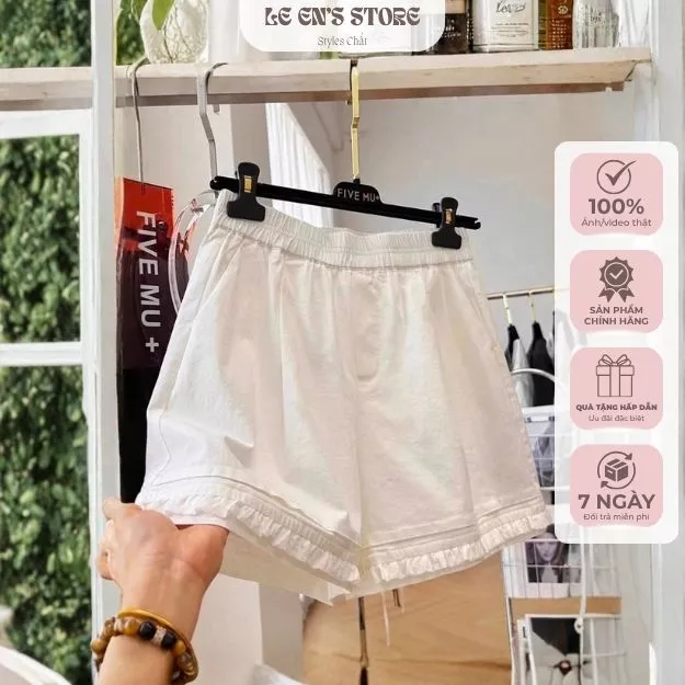 Quần đùi nữ, quần short nữ lưng chun phối viền bèo nữ tính chất thô hàn cao cấp, hàng loại 1 - Q107