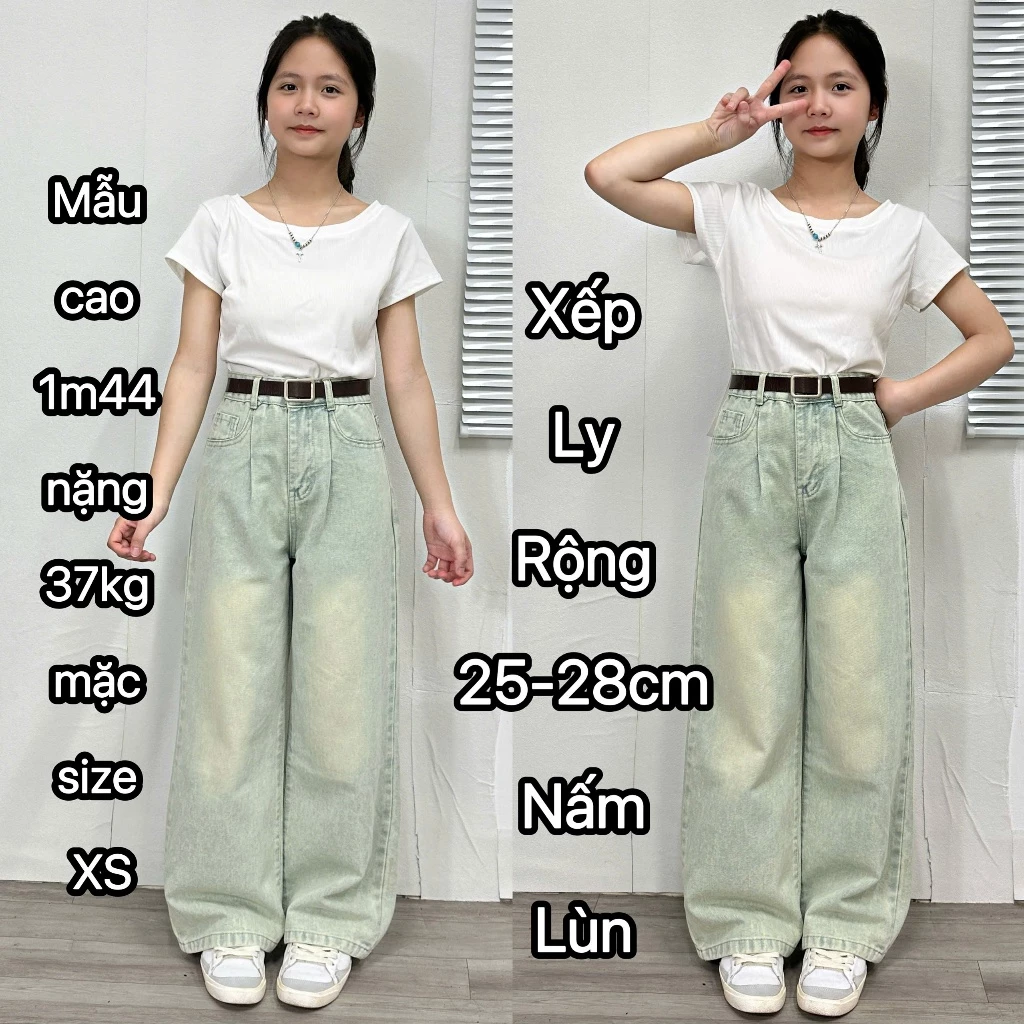 (Jean Nấm size nhỏ) Quần Jean Nữ xếp li eo nhúm màu bạc hà dài 90cm cho nấm lùn 1m40 1m45 1m50 size xxs