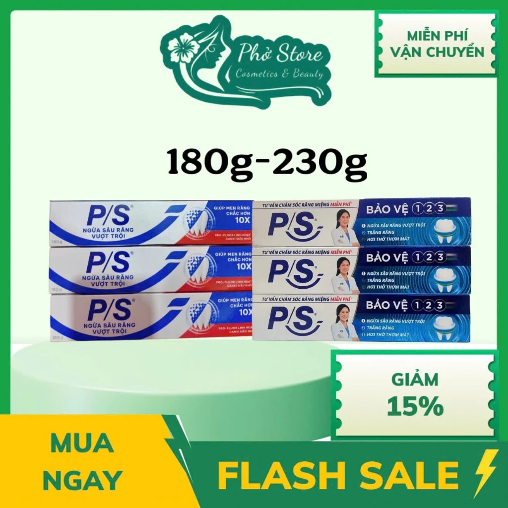 Kem đánh răng P/S Bảo vệ 123, trắng răng, P/S ngừa sâu răng vượt trội, hơi thở thơm mát 180g, 230g