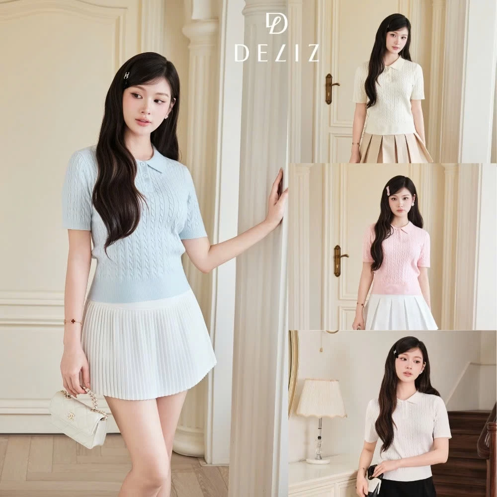 DELIZ - Áo len cộc tay nữ cổ polo dệt vặn thừng chất len lông thỏ cao cấp phong cách basic mặc mùa hè DELIZ PL302