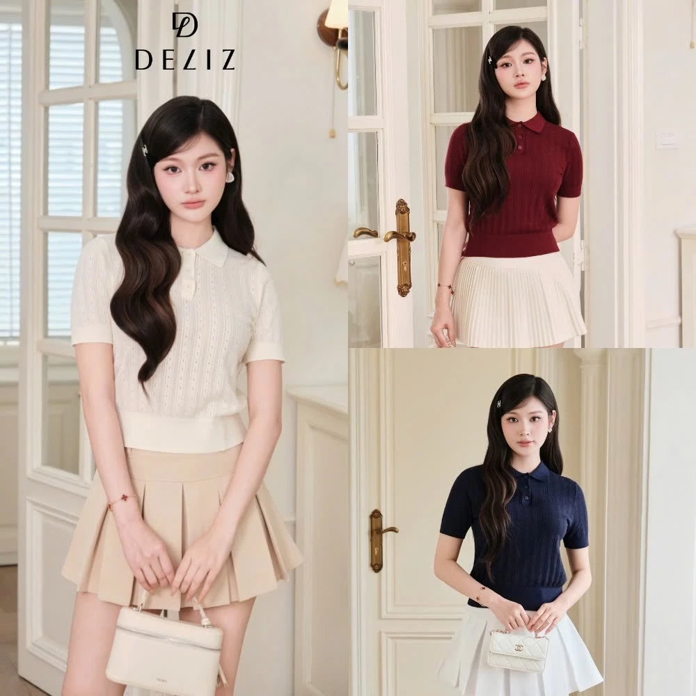 DELIZ - Áo len cổ bẻ cộc tay mặc mùa hè chất len lông thỏ dệt đục lỗ thoáng khí mát PL301