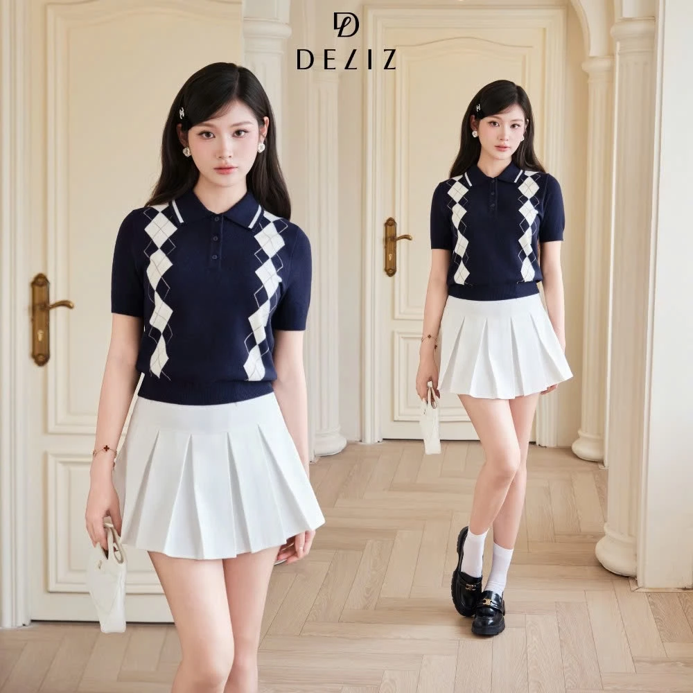 (BTS MỚI DELIZ 2026) Áo len nữ cộc tay cổ polo phối line dệt hoạ tiết ô trám mặc mùa hè DELIZ PL303