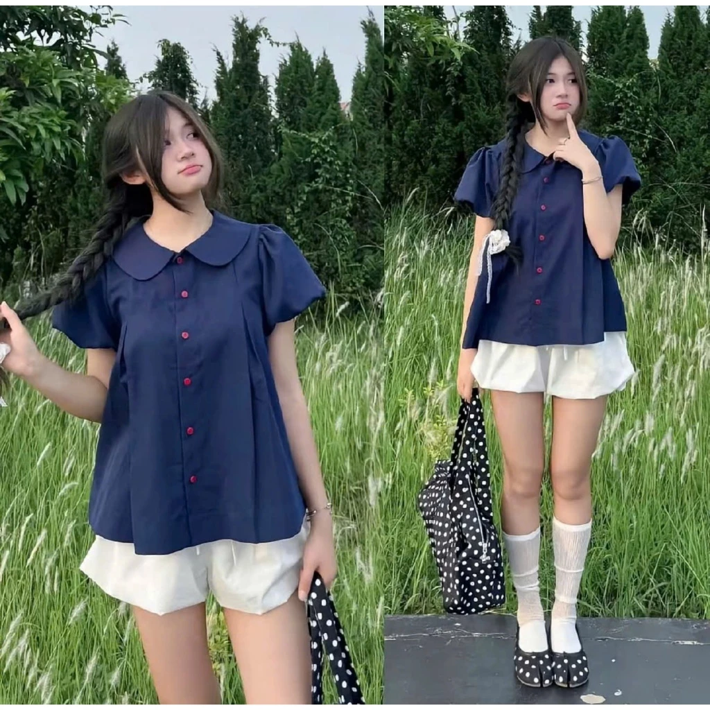 Áo sơ mi nữ ngắn tay ,áo babydoll cổ sen dáng phồng xếp ly tay bồng màu xanh phối nút đỏ phong cách Hàn