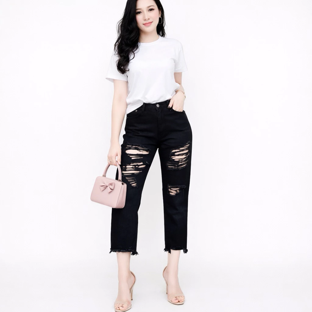 Quần jean baggy nữ BigSize Lưng Cao, màu đen tuyền Rách bụi bặm, phom to rộng có Lưng Chun 3004 4100
