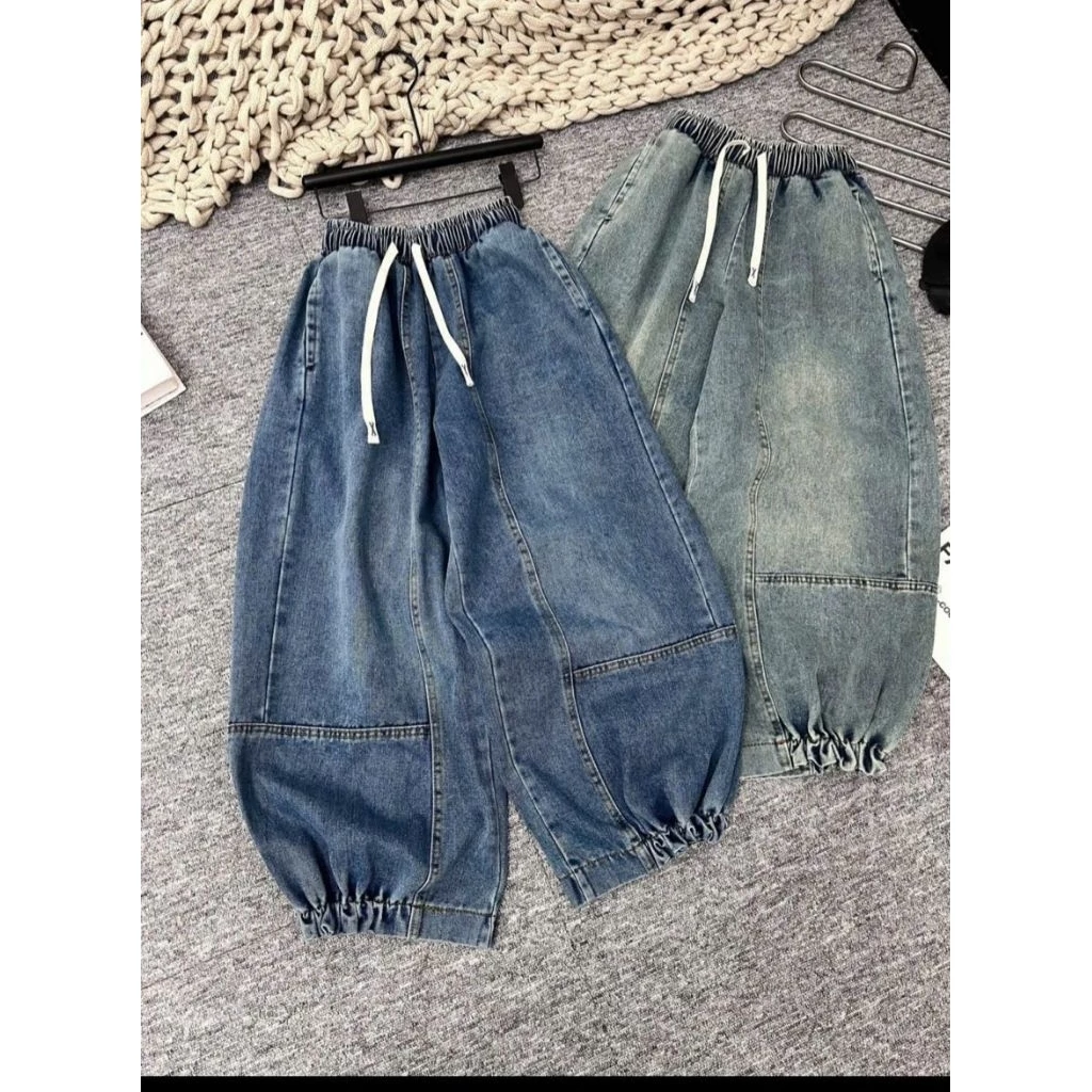 Quần Jean Nữ Dáng Bom Thụng Bo Gấu Cạp Chun Lưng Cao Vải Jean Thổ Mềm Mịn