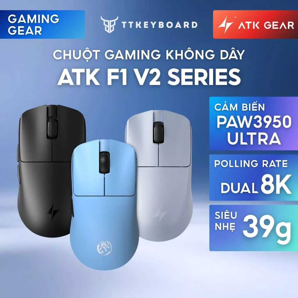 [HỎA TỐC] Chuột Gaming Không Dây ATK F1 V2 Series Siêu Nhẹ 38G PAW3950 Ultra Nordic 54H20 Rate 8K