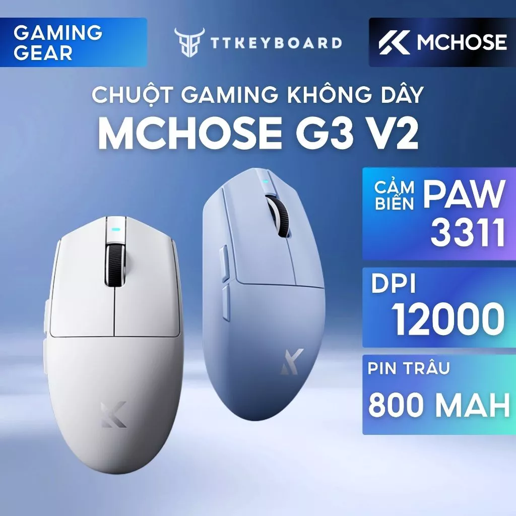 [HỎA TỐC] Chuột Gaming Không Dây MCHOSE G3 V2 3 Chế Độ Kết Nối 59g PAW3311 DPI 12000 Pin 800mAh