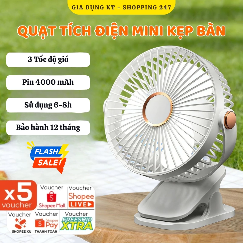 Quạt Tích Điện Để Bàn, Quạt Tích Điện Mini 5 Tốc Độ Gió, Dung Lượng Pin 4000 mAh, Làm Mát Cực Nhanh, Hoạt Động Mạnh Mẽ