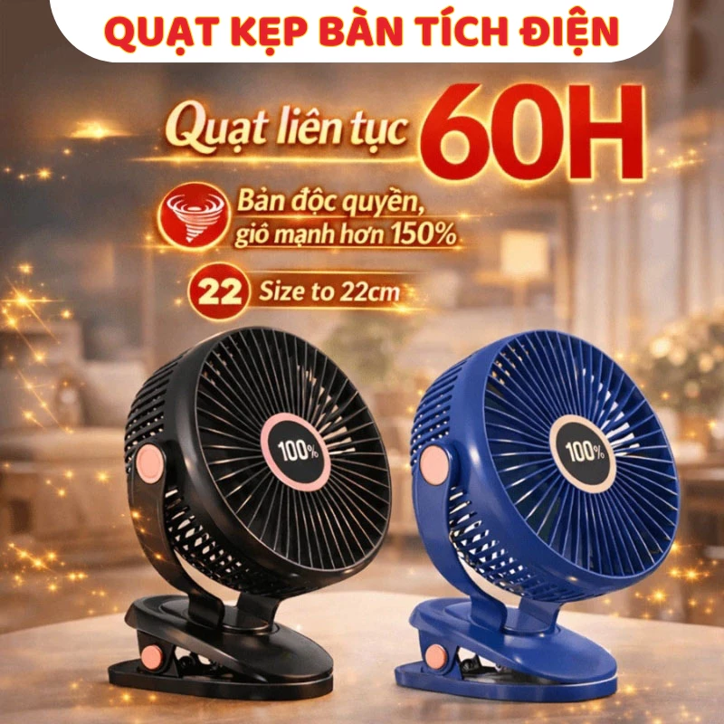 Quạt Tích Điện Kẹp Bàn, Quạt Mini Để Bàn 5 Tốc Độ Gió, Làm Mát Cực Nhanh, Hoạt Động Mạnh Mẽ, Không Gây Tiếng Ồn