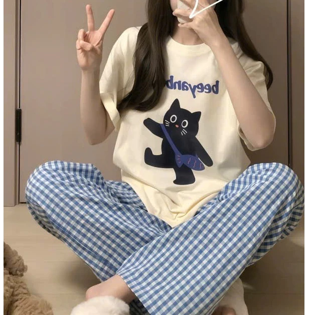 Sét bộ Áo tay ngắn, Quần dài in hình cute , Đồ bộ mặc nhà, đi chơi dạo phố chất Áo cotton, Quần đũi mềm 127