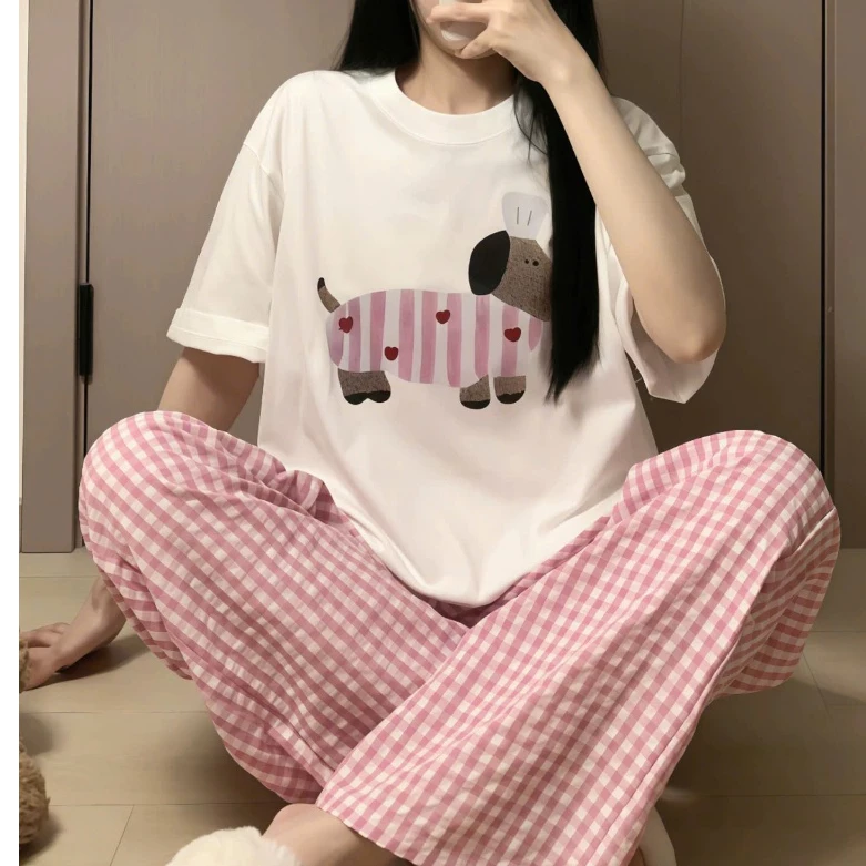 Set bộ mặc nhà quần dài dáng suông, Áo ngắn tay in hình, Đồ bộ mặt nhà đi chơi dạo phố dáng rộng thoải mái 124