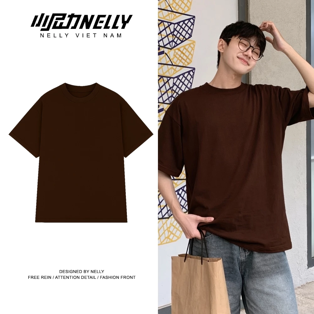 Áo thun NELLY Cotton 260gsm Premium - Nâu Trơn Tay Lỡ Form Rộng Nam Nữ